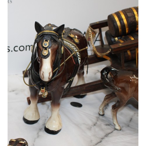 97 - A Quantity Of Collectable Shire Or Clydesdale  Horses One With A Cart And Barrells And One Beswick H... 