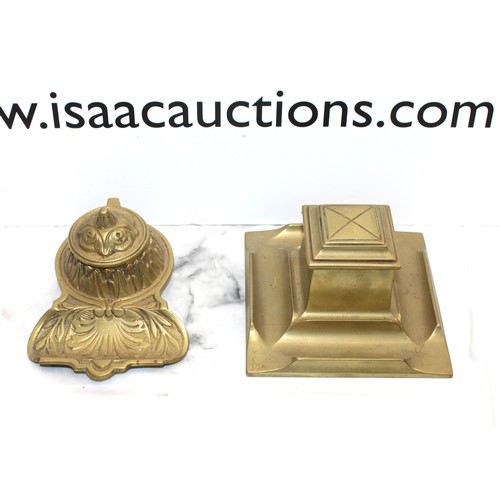 100 - 2 x Brass Inkwells One With A Decorative Detail Height Of Tallest 6cm