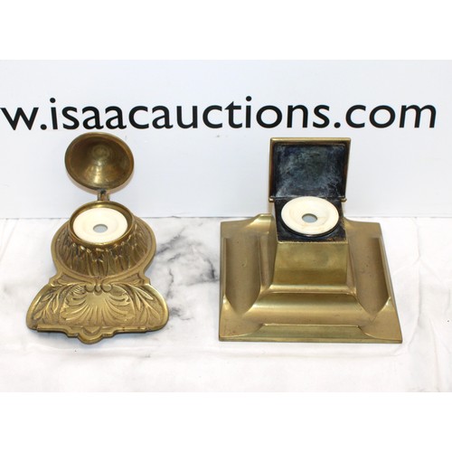 100 - 2 x Brass Inkwells One With A Decorative Detail Height Of Tallest 6cm