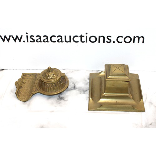 100 - 2 x Brass Inkwells One With A Decorative Detail Height Of Tallest 6cm