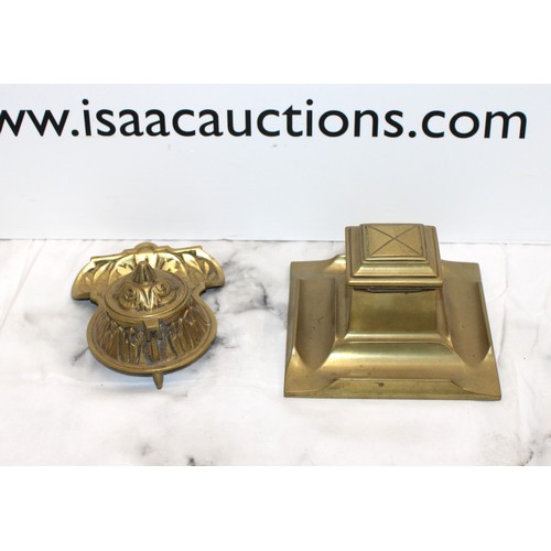 100 - 2 x Brass Inkwells One With A Decorative Detail Height Of Tallest 6cm