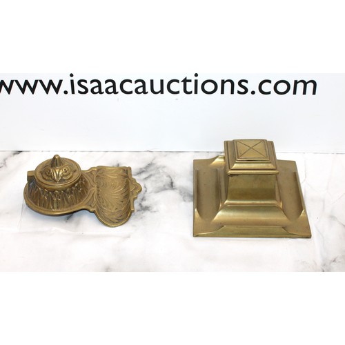 100 - 2 x Brass Inkwells One With A Decorative Detail Height Of Tallest 6cm