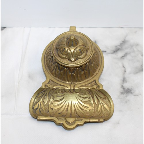 100 - 2 x Brass Inkwells One With A Decorative Detail Height Of Tallest 6cm
