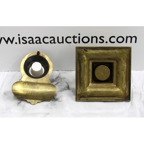 100 - 2 x Brass Inkwells One With A Decorative Detail Height Of Tallest 6cm