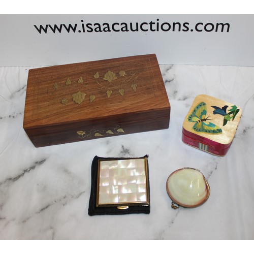105 - Mixed Items Inc- Decorative Wooden Box, Vintage Kigu London Mother Of Pearl Vanity Compact With Powd... 