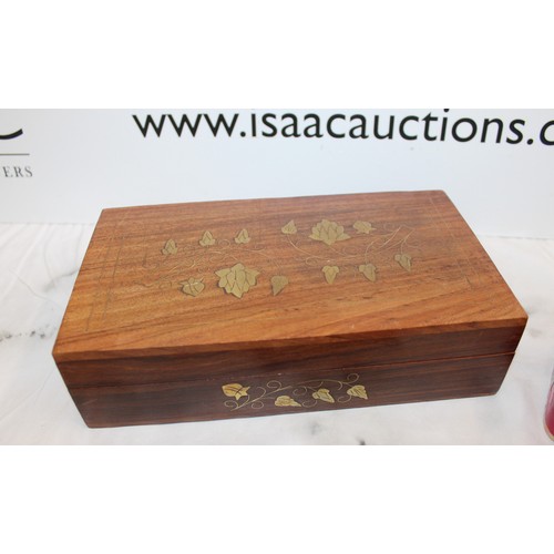 105 - Mixed Items Inc- Decorative Wooden Box, Vintage Kigu London Mother Of Pearl Vanity Compact With Powd... 