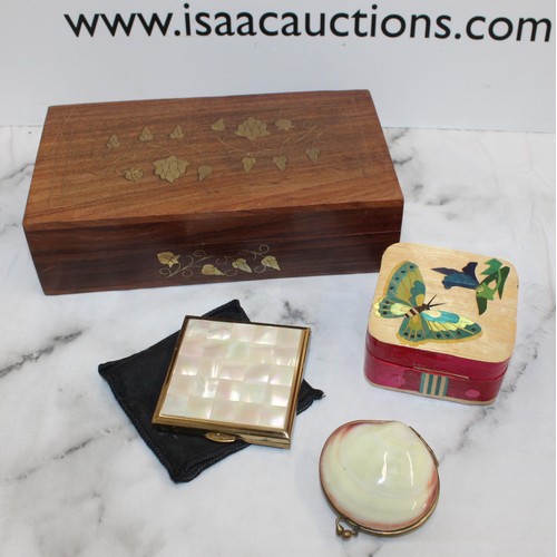 105 - Mixed Items Inc- Decorative Wooden Box, Vintage Kigu London Mother Of Pearl Vanity Compact With Powd... 
