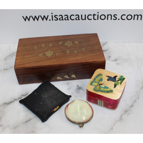 105 - Mixed Items Inc- Decorative Wooden Box, Vintage Kigu London Mother Of Pearl Vanity Compact With Powd... 