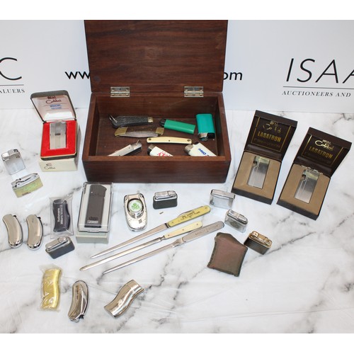 108 - A Box Containing, Lighters, Pocket Knives And Letter Openers AS Found All Untested