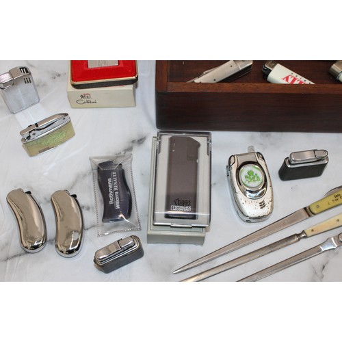 108 - A Box Containing, Lighters, Pocket Knives And Letter Openers AS Found All Untested