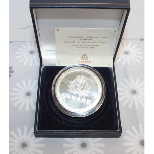 218 - Boxed CUNARD Limited Edition Medallion Minted To Celebrate Queen Elizabeth's Maiden Voyage 12 Octobe... 