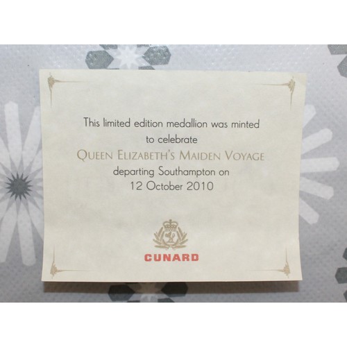 218 - Boxed CUNARD Limited Edition Medallion Minted To Celebrate Queen Elizabeth's Maiden Voyage 12 Octobe... 