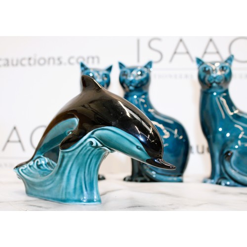 195 - 5 x Vintage Poole Pottery Figurines Inc: Three Sitting Cats, A Dolphin And A Seal Tallest: 17cm All ... 