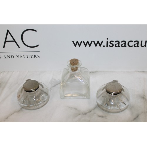 112 - Three Glass Jars Two Ink Wells-Vetos Product Made In England And One Other Tallest: 9.5cm