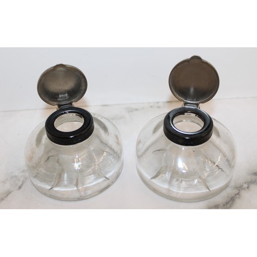 112 - Three Glass Jars Two Ink Wells-Vetos Product Made In England And One Other Tallest: 9.5cm