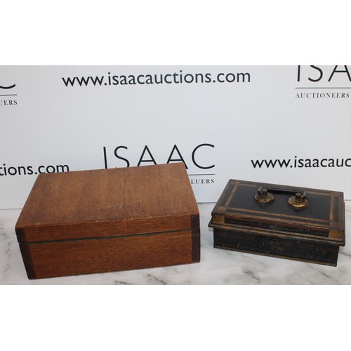117 - Metal Cash Box 22cm x 13cm x 8cm & Wooden Box 28.5cm x 19cm x 10cm Both As Found