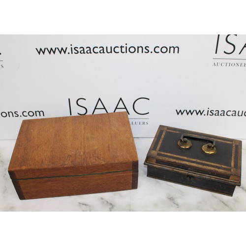 117 - Metal Cash Box 22cm x 13cm x 8cm & Wooden Box 28.5cm x 19cm x 10cm Both As Found