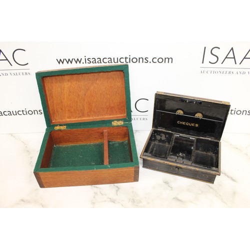 117 - Metal Cash Box 22cm x 13cm x 8cm & Wooden Box 28.5cm x 19cm x 10cm Both As Found