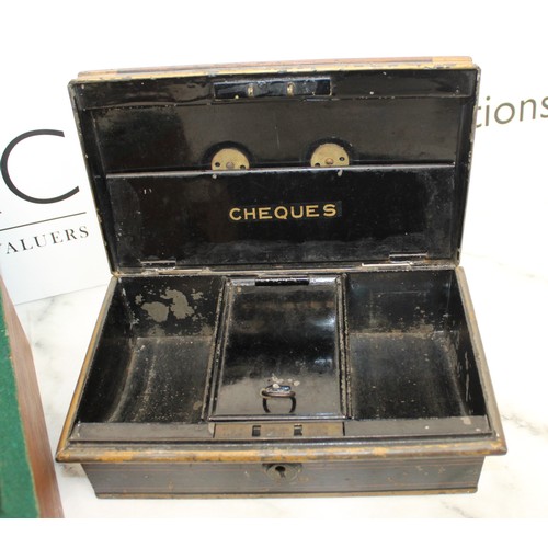 117 - Metal Cash Box 22cm x 13cm x 8cm & Wooden Box 28.5cm x 19cm x 10cm Both As Found