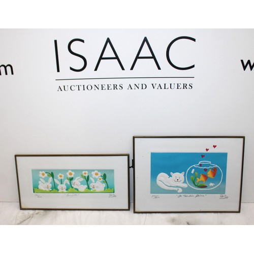 188 - Spanish Framed Limited Edition Cat & Fish Bowl 20cm x 14.5cm 285/300 Signed & Limited Rabbits & Flow... 