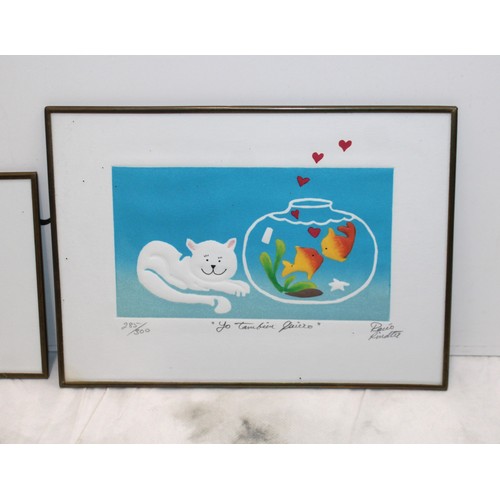 188 - Spanish Framed Limited Edition Cat & Fish Bowl 20cm x 14.5cm 285/300 Signed & Limited Rabbits & Flow... 