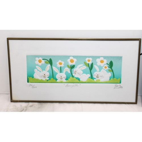 188 - Spanish Framed Limited Edition Cat & Fish Bowl 20cm x 14.5cm 285/300 Signed & Limited Rabbits & Flow... 