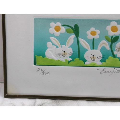 188 - Spanish Framed Limited Edition Cat & Fish Bowl 20cm x 14.5cm 285/300 Signed & Limited Rabbits & Flow... 