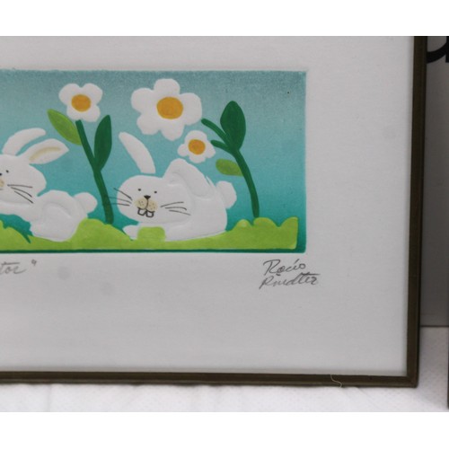 188 - Spanish Framed Limited Edition Cat & Fish Bowl 20cm x 14.5cm 285/300 Signed & Limited Rabbits & Flow... 