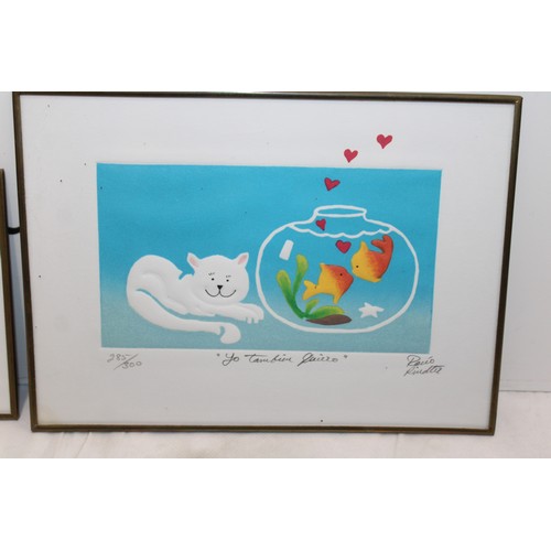 188 - Spanish Framed Limited Edition Cat & Fish Bowl 20cm x 14.5cm 285/300 Signed & Limited Rabbits & Flow... 