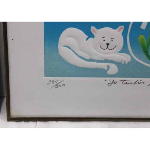 188 - Spanish Framed Limited Edition Cat & Fish Bowl 20cm x 14.5cm 285/300 Signed & Limited Rabbits & Flow... 