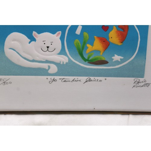 188 - Spanish Framed Limited Edition Cat & Fish Bowl 20cm x 14.5cm 285/300 Signed & Limited Rabbits & Flow... 