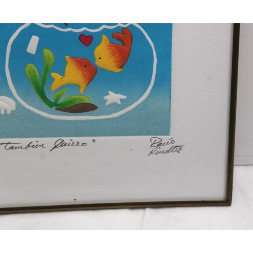 188 - Spanish Framed Limited Edition Cat & Fish Bowl 20cm x 14.5cm 285/300 Signed & Limited Rabbits & Flow... 