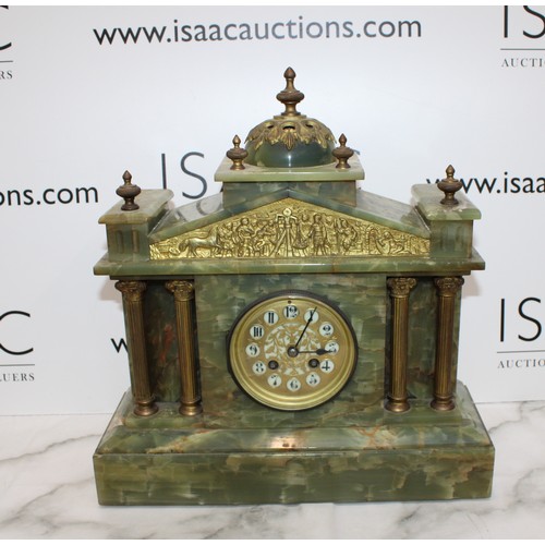 204 - Green Oynx Architectural Mantel Clock with Pendulum - Measures 40cm x 38cm - Untested Collection onl... 