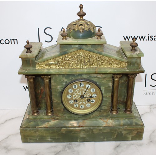 204 - Green Oynx Architectural Mantel Clock with Pendulum - Measures 40cm x 38cm - Untested Collection onl... 