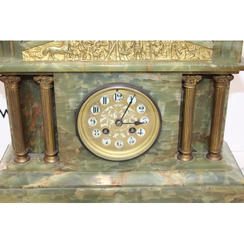 204 - Green Oynx Architectural Mantel Clock with Pendulum - Measures 40cm x 38cm - Untested Collection onl... 
