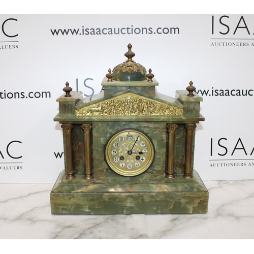 204 - Green Oynx Architectural Mantel Clock with Pendulum - Measures 40cm x 38cm - Untested Collection onl... 