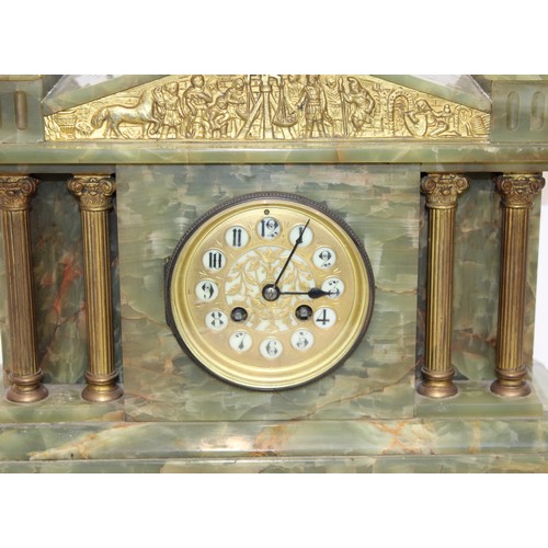 204 - Green Oynx Architectural Mantel Clock with Pendulum - Measures 40cm x 38cm - Untested Collection onl... 