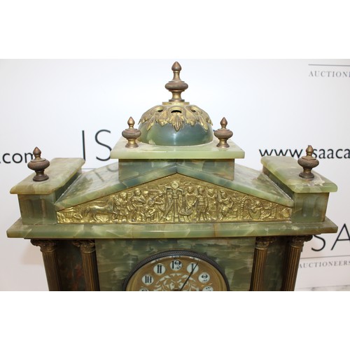 204 - Green Oynx Architectural Mantel Clock with Pendulum - Measures 40cm x 38cm - Untested Collection onl... 