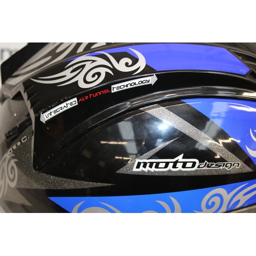 244 - KBC Force RR Full- Face Motorcycle Helmet With Black & Blue Graphic Design Size L 59-60cm As Found I... 