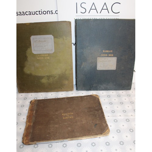 105 - Three Antique BIRTH & MARRIGE REGISTER/NOTICE BOOKS DATING BACK TO 1837-1870 As Found
