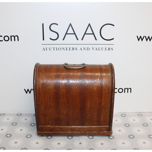 106 - Wooden Cased Lead Miniature Toy Sewing Machine A Japanese 