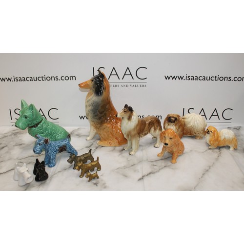 111 - Selection Of Ceramic & Brass Dogs Inc-Pekingese Sylvac/Rough Collie/Cocker Spaniel/Scottish Terrier/... 
