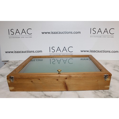 115 - Wooden, Glass Topped Display Case 60cm x 50cm 
COLLECTION ONLY