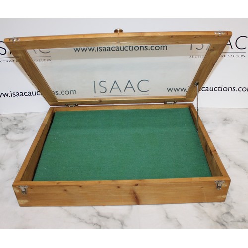 115 - Wooden, Glass Topped Display Case 60cm x 50cm 
COLLECTION ONLY
