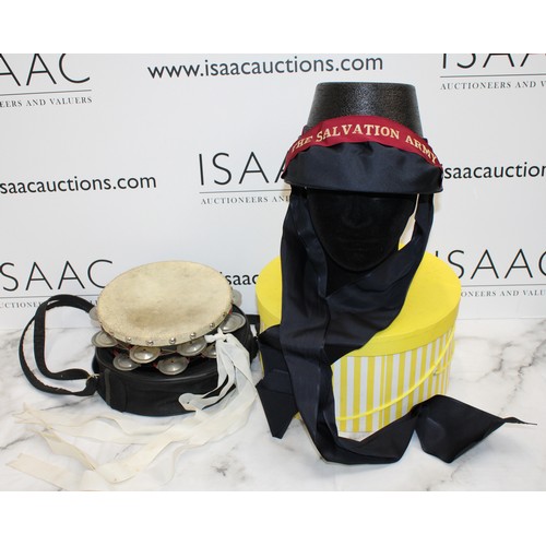 186 - A Collectable Boxed Salvation Army Bonnet And A Tambourine In A Case As Shown