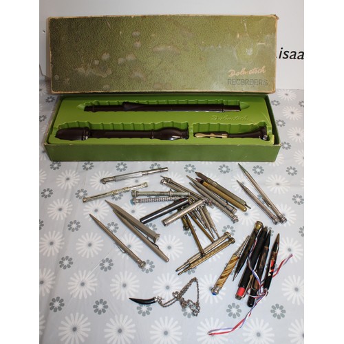 195 - A Boxed Recorder And A Selection of Vintage Writing Instruments All As Found- Untested And A Stamped... 