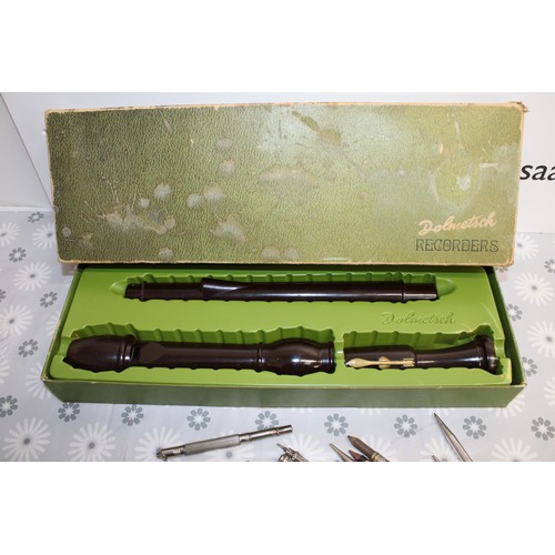 195 - A Boxed Recorder And A Selection of Vintage Writing Instruments All As Found- Untested And A Stamped... 