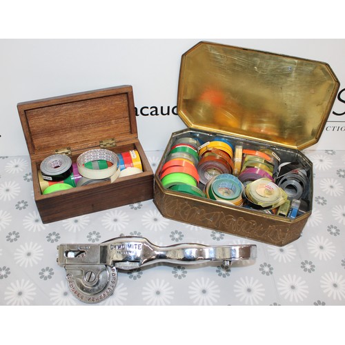 2 - Tin & Box Containing LABEL TAPE & A DYMO MITE Tapewriter All As Found Untested