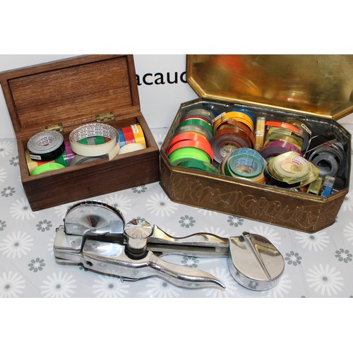 2 - Tin & Box Containing LABEL TAPE & A DYMO MITE Tapewriter All As Found Untested