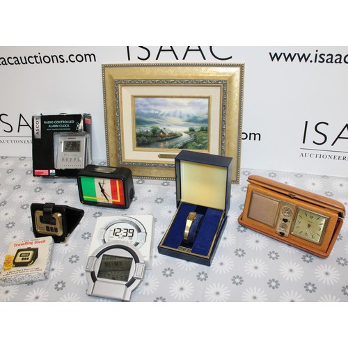 212 - Mixed Items Inc- Alarm Clocks/Boxed SEIKO Watch/THOMAS KINKADE Emerald Isle Cottage Painting With Ce... 